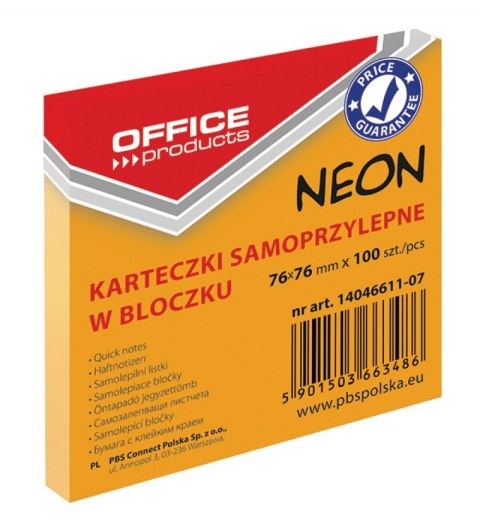 Bloczek samoprzylepny 76x76 100k NEON pomarańczowy 14046611-07