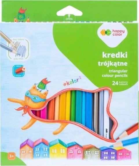 Kredki drewniane, szkolne, trójkątne, 24 kol. KOLOR2, Happy Color