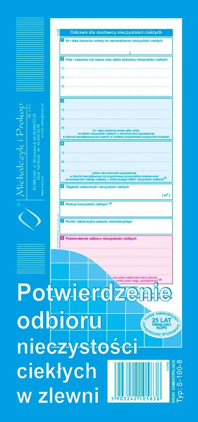 S-100-8 Potwierdzenie odbioru nieczystości ciekłych w zlewni MICHALCZYK I PROKOP