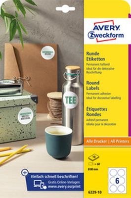 Etykiety o nietypowych kształtach, A4, 10 ark./op., Q80 mm, okrągłe, trwałe, AVERY ZWECKFORM, 6229.10.01 6229-10 biale