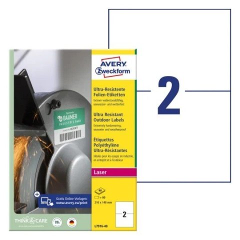 Etykiety polietylenowe ultra resistant, A4, 40 ark./op., 210x148mm, AVERY ZWECKFORM, L7916-40 SALE