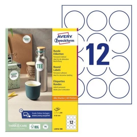 Etykiety okrągłe L3416-100 Q60 100 ark trwałe, Avery Zweckform
