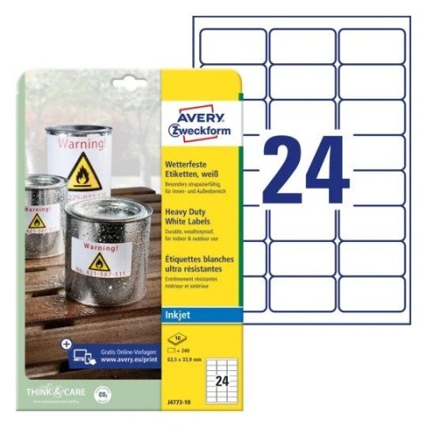 Etykiety Heavy Duty J4773-10 63,5 x 33,9 10ark Trwałe, poliestrowe, białe, Avery Zweckform