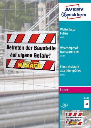 Folie do użytku zewnętrznego 3487 A4 100ark Białe, powlekane, grubość 0,12 mm, Avery Zweckform