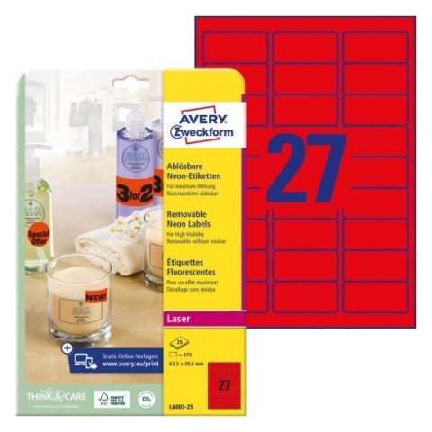 Etykiety neonowe, A4, 25 ark./op., 63,5 x 29,6 mm, czerwone neonowe, AVERY ZWECKFORM, L6003-25