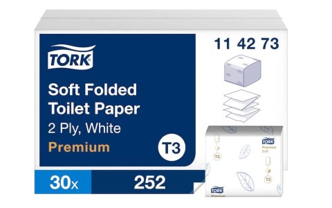 Papier toaletowy w składce Tork PREMIUM , 2 warstwy, kolor biały, celuloza, 7560 szt./kart., T3, 114273